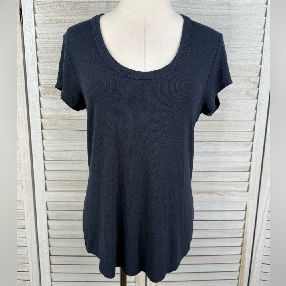 MAGASCHONI Women's Navy Blue Scoop Neck Micromodal Short Sleeve Tee-Medium